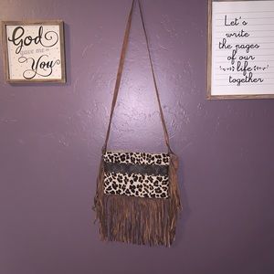 Maxine Upcycled Leather Leopard Fringe Crossbody